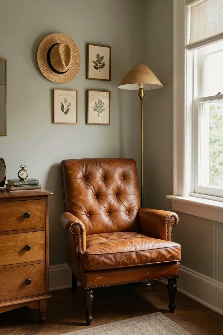 Corner of a sage green room with a tan tufted leather armchair next to a wooden dresser holding books and a pocket watch, brass floor lamp, botanical prints and straw hat on walls, and window with blinds.