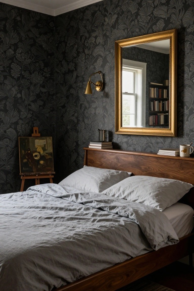 Bedroom interior with dark gray wallpaper featuring intricate botanical patterns, wooden bed with light gray linen bedding, gold-framed mirror above the bed headboard, wall sconce, and easel holding a painting in the corner.