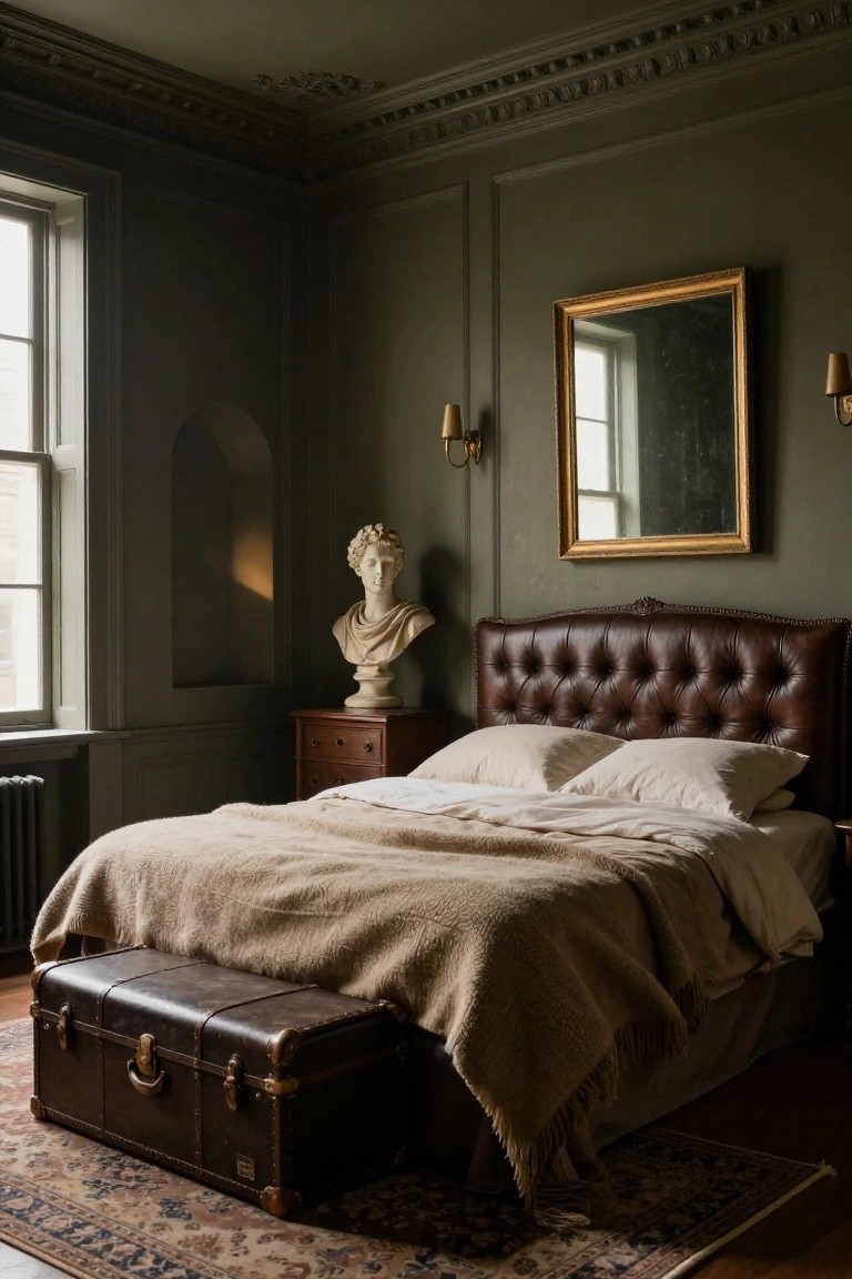 Bedroom interior with dark green paneled walls, ornate cornice molding, tall arched window niche holding a white marble bust, brown tufted leather headboard on bed with white sheets and beige throw, gold-framed mirror, wall sconces, wooden chest of drawers, leather trunk at bed foot, and blue Persian rug on wood floor.
