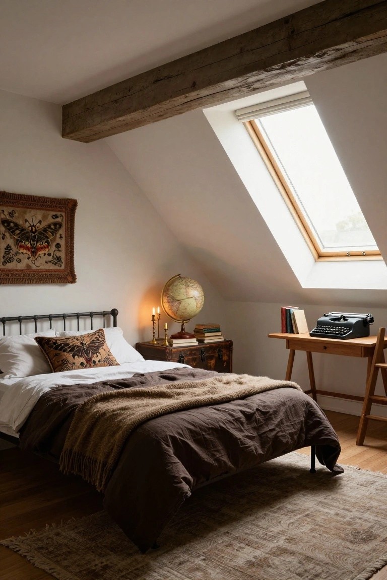 Attic bedroom with exposed wooden beams on sloped white ceiling and skylight, black metal bed with brown linens and patterned pillow, wooden desk holding black typewriter, vintage globe and candelabra on chest beside bed, tapestry on wall, beige rug on wood floor.