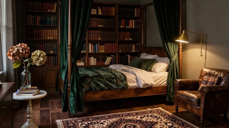 A bedroom with wooden bookshelves filled with books, a four-poster bed draped in green velvet curtains and bedding, brass wall lamp beside dried flowers in a vase on a marble table, leather armchair, oriental rug, and hardwood floors.