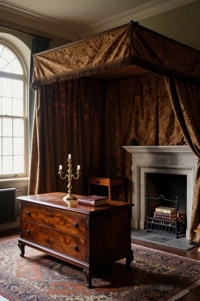 A dimly lit historic bedroom with a large four-poster bed draped in ornate bronze fabric, a wooden chest of drawers holding a candelabra and books, a stone fireplace with logs, and a patterned rug on the floor.