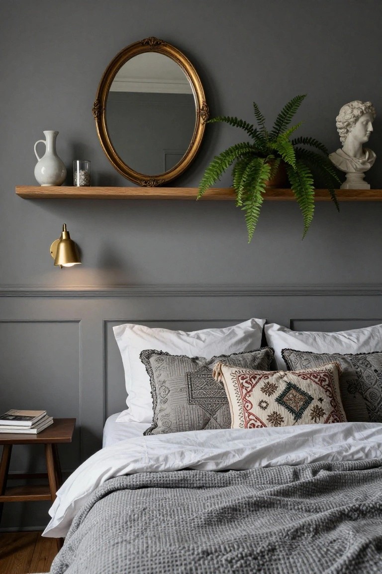 Gray wainscoted bedroom wall with oak floating shelf displaying gold-framed oval mirror, trailing fern plant in pot, white classical bust, white jug vase, and glass jar with pebbles, brass wall sconce lit nearby, above bed with white duvet, gray throw, patterned pillows, and wooden nightstand holding stacked books.