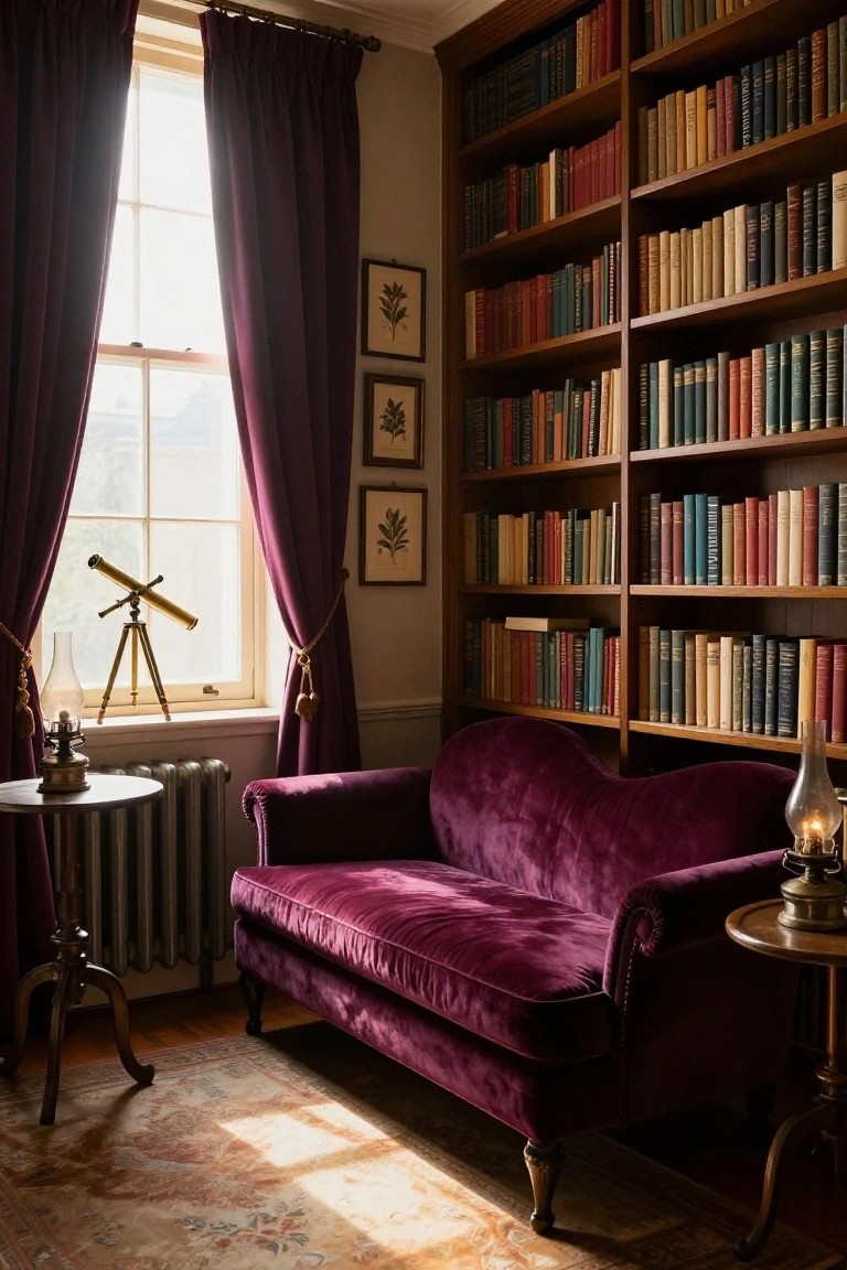 Interior of a library room with tall wooden bookshelves filled with colorful books, a curved deep purple velvet sofa, brass telescope on a stand by a tall window with purple drapes, antique lamps, and a radiator.