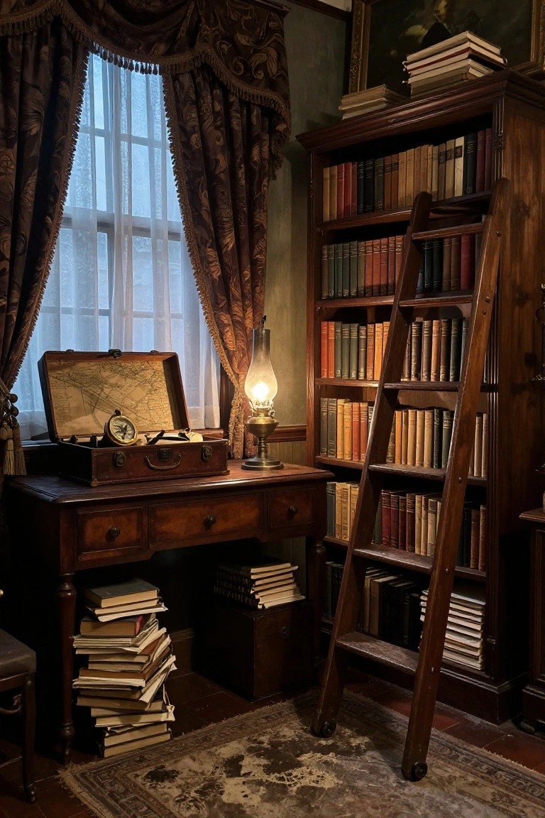 A dimly lit vintage study corner with tall wooden bookshelves filled with books, a rolling ladder against the shelves, an antique wooden desk holding an open map case and compass, a brass lamp, and heavy drapes on the window.