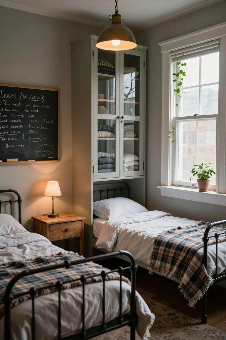 Bedroom interior with two black iron-framed twin beds covered in white sheets and plaid blankets, a wooden nightstand with lamp, tall glass-fronted cabinet stocked with linens, chalkboard on wall, and window with hanging ivy plant and potted herb.