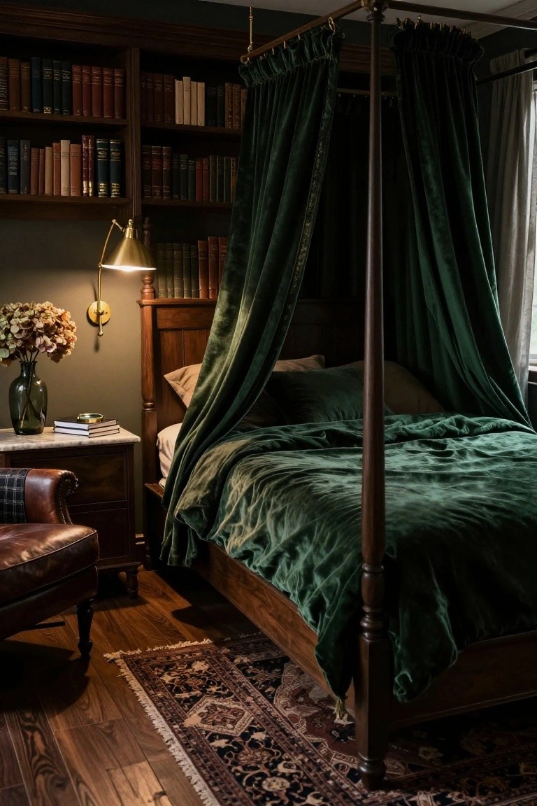 A bedroom with wooden bookshelves filled with books, a four-poster bed draped in green velvet curtains and bedding, brass wall lamp beside dried flowers in a vase on a marble table, leather armchair, oriental rug, and hardwood floors.