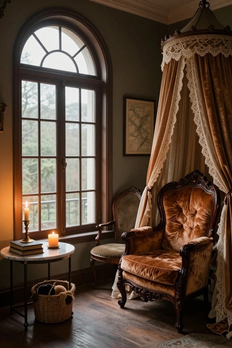 Green-walled bedroom interior with arched window overlooking trees, lace-trimmed velvet canopy bed, ornate burnt orange velvet armchair, candlelit marble table holding books, smaller chair, map on wall, and wicker basket on wood floor.