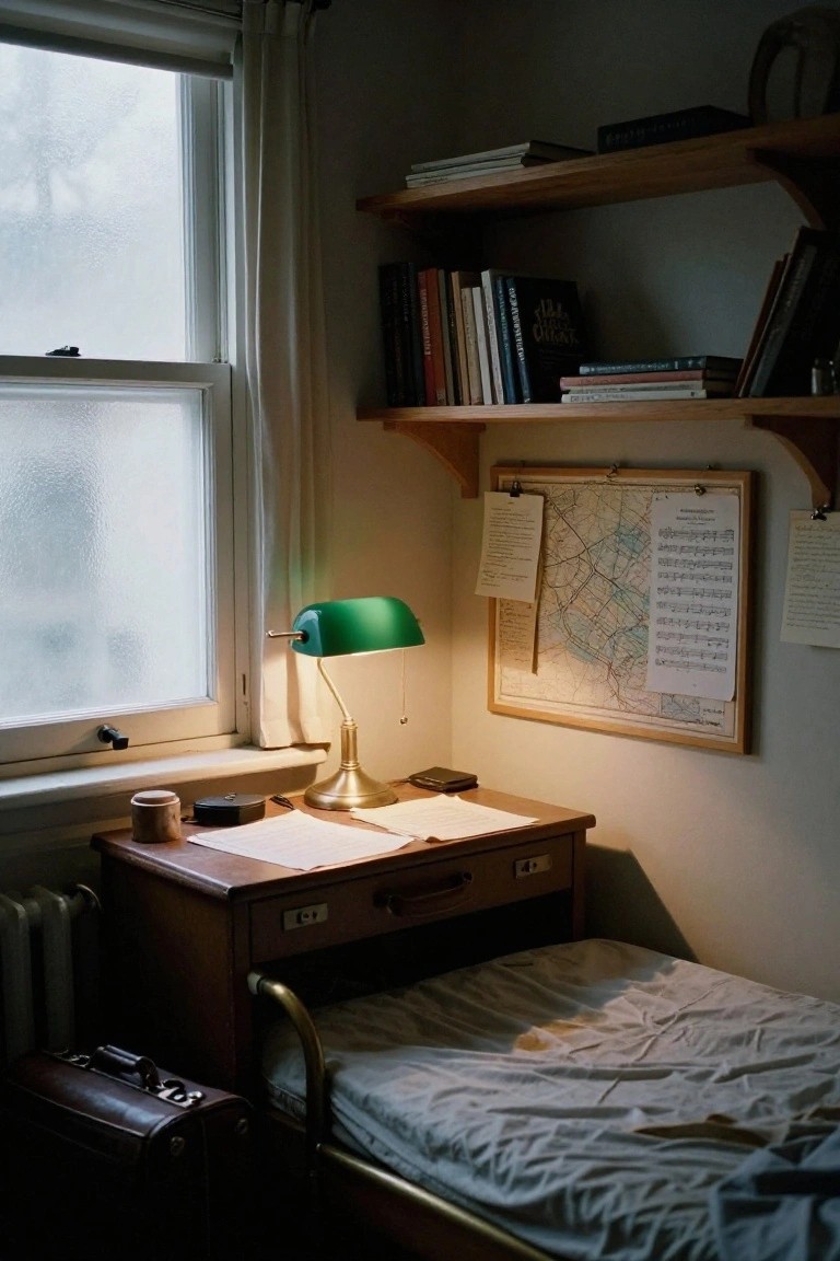A small bedroom corner with wooden desk lit by green banker's lamp, bookshelves above, pinned map and sheet music on wall, single bed, suitcase, and frosted window.