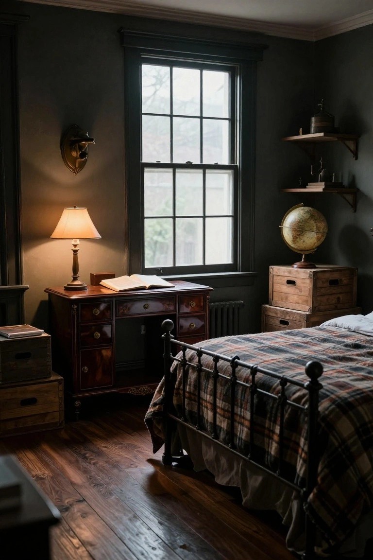Dimly lit bedroom interior with dark green walls, a wooden desk holding an open book and brass lamp, wooden crates, an iron bed with plaid bedding, a globe on shelves, and wooden boxes stacked nearby.