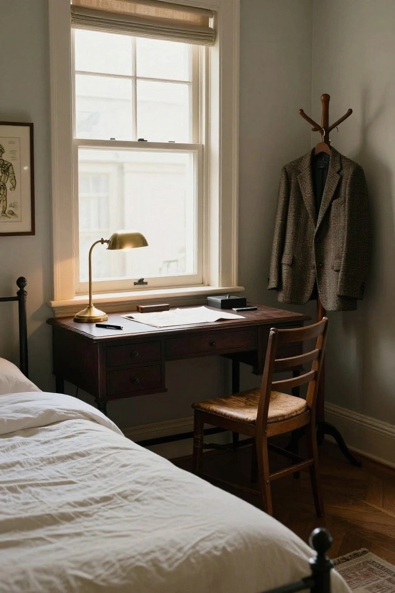 Bedroom corner with wooden desk, brass lamp, papers, wooden chair, coat rack holding tweed jacket, iron bed, and window with shade.