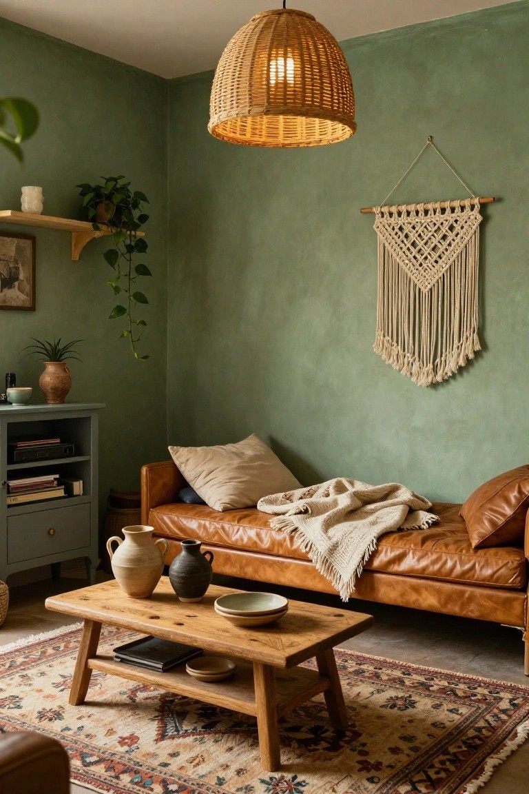 Sage green living room with tan leather sofa draped in a cream throw, wooden coffee table holding ceramics and books, macrame wall hanging, potted plants, rattan pendant light, and patterned rug.