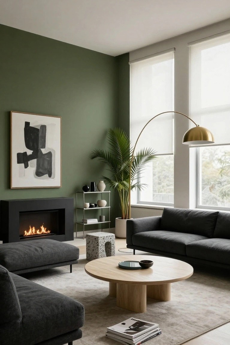 Modern living room with dark green accent wall behind black gas fireplace and abstract artwork, black shelving unit with ceramics, tall potted palm, dark gray L-shaped sofa, light oak round coffee table on light gray rug, gold arc lamp, and two large windows with sheer blinds.