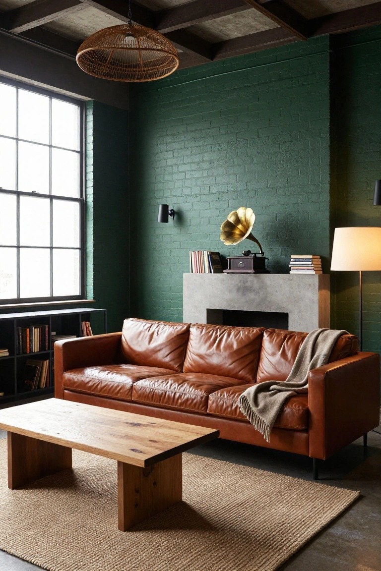 Living room interior with dark green brick walls, tan leather sofa, rustic wood coffee table, concrete mantel holding books and vintage gramophone, black metal bookshelves, rattan pendant light, floor lamp, and seagrass rug on concrete floor.
