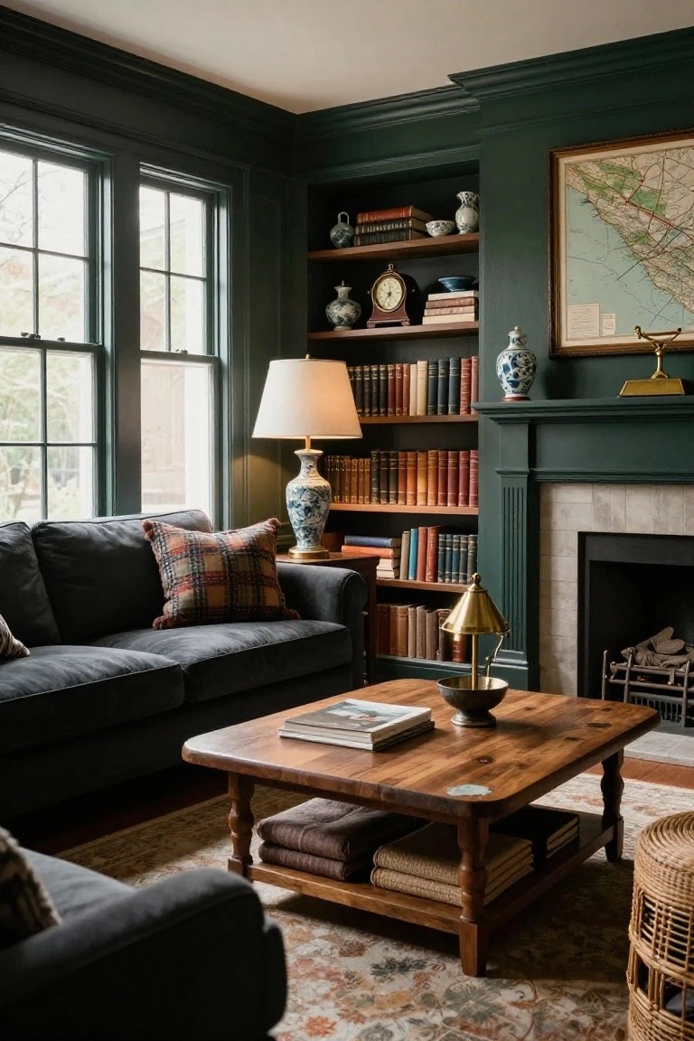 Dark green living room with built-in bookshelves around windows and fireplace, gray sofa, wooden coffee table, and assorted books and ceramics on shelves.