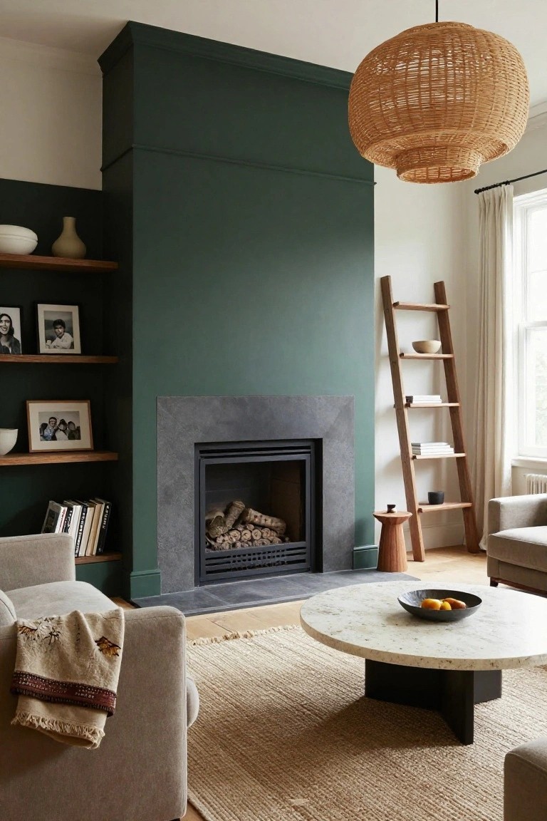 Living room with dark green accent wall behind stone fireplace, wooden floating shelves with photos and books, woven pendant light, ladder shelf, neutral sofas, round white marble coffee table with fruit bowl, jute rug, and wooden floors.