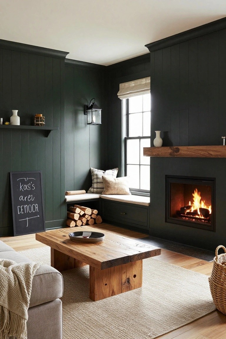 Living room with dark green vertical paneled walls, window seat by fireplace with burning logs, rustic wood coffee table, beige sofa with throw, seagrass rug, and wicker basket.