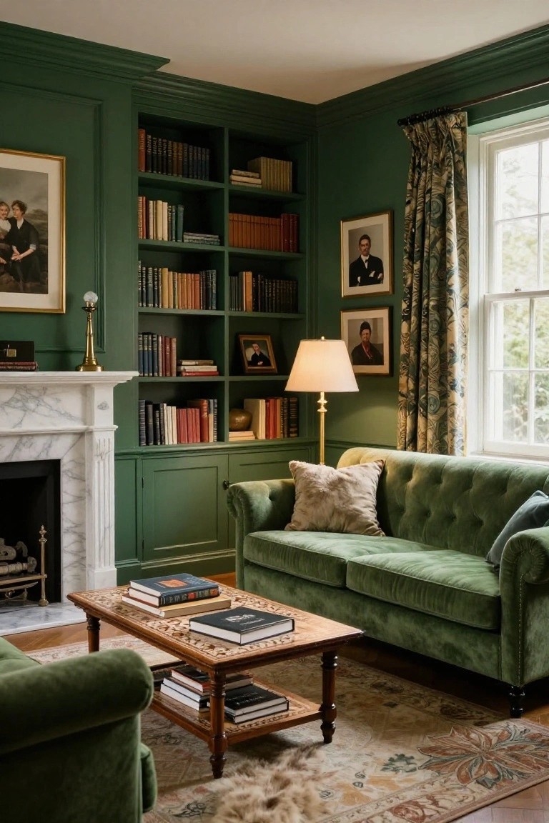 A living room corner with dark green paneled walls and built-in bookshelves, marble fireplace, emerald green velvet sofa and chair, wooden coffee table with stacked books, patterned rug, and window with floral curtains.