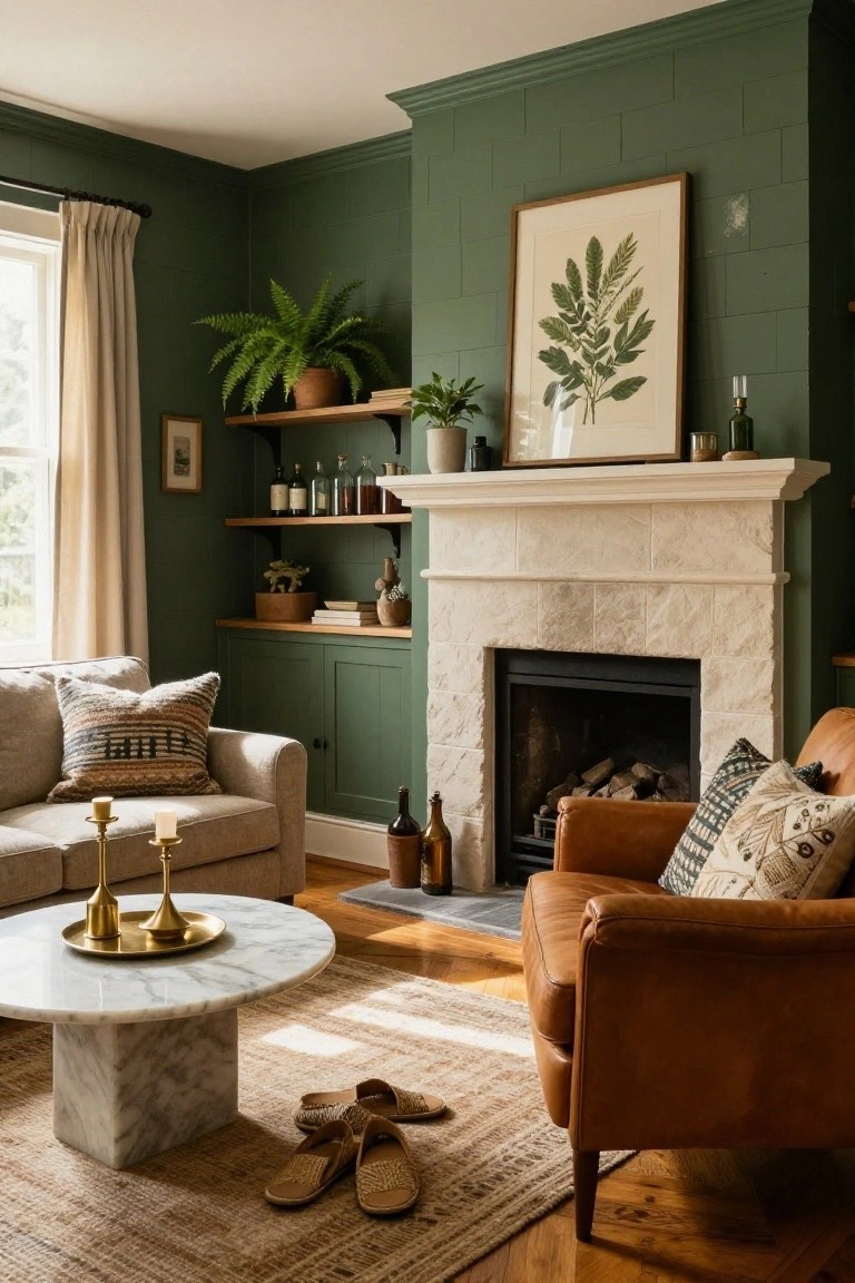 Living room with dark green paneled walls, white stone fireplace with built-in green cabinets and shelves holding plants, bottles, and books, beige sofa with patterned pillows, brown leather armchair, marble pedestal coffee table with gold candlesticks, tan rug, and plants near window with cream curtains.