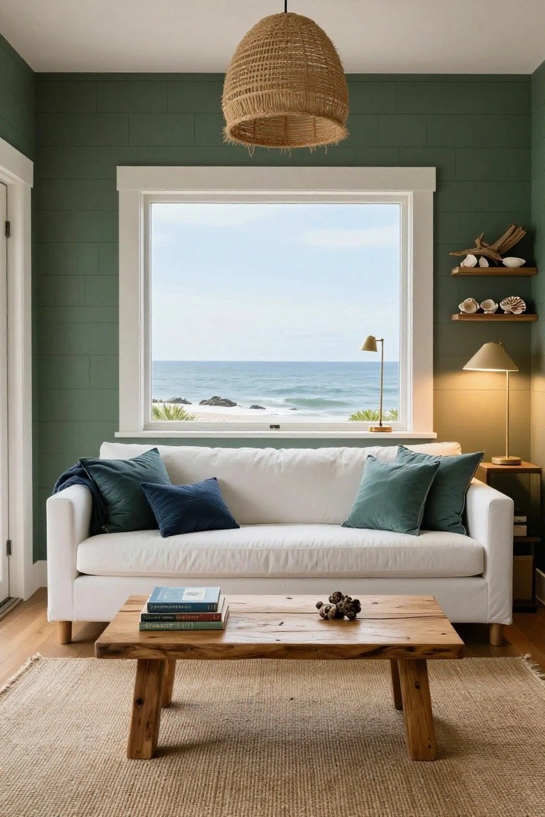 Living room featuring dark green vertical plank walls, white sofa with teal pillows and throw, wooden coffee table with books and pinecones, rattan pendant light, and large window with ocean view.