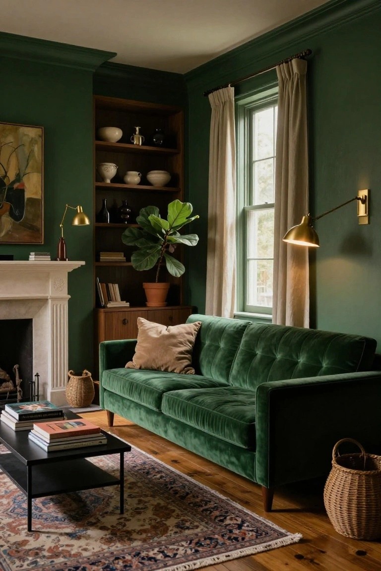 A living room corner with dark green walls, tufted green velvet sofa, marble fireplace, wooden bookshelves holding ceramics and a large fiddle leaf fig plant, brass wall sconces, low black coffee table, Persian rug, and hardwood floors.