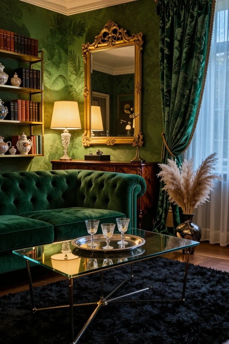 A living room with two dark green velvet tufted sofas facing each other, a glass coffee table holding glasses and a tray, gold-accented lamps and mirror, bookshelves with china, pampas grass vase, against green palm wallpaper and velvet drapes.