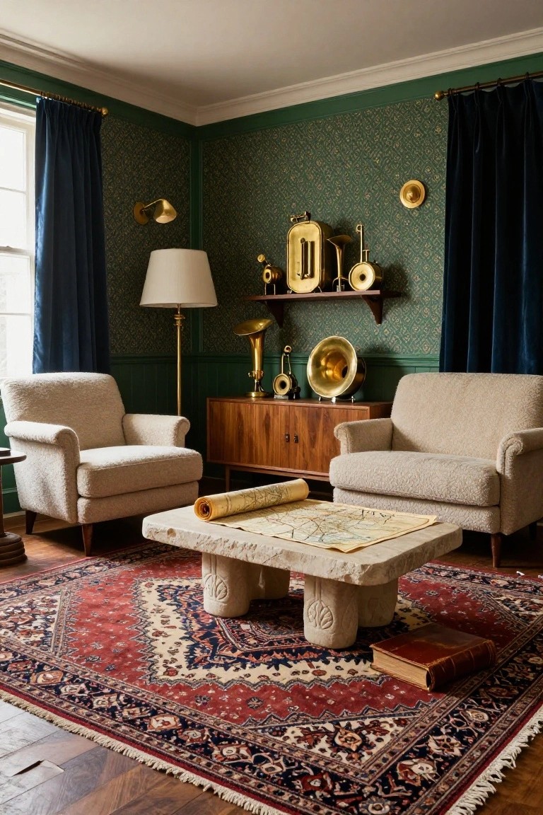 Living room interior with dark green patterned wallpaper on walls, two cream upholstered armchairs facing a low carved stone coffee table holding rolled maps and an old book, wooden credenza displaying brass vintage musical instruments, cream floor lamp, navy curtains, and red patterned rug on wood floors.
