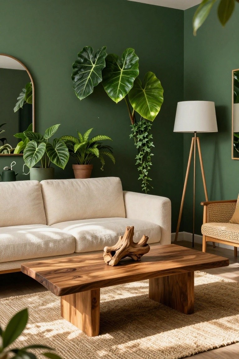 A living room with dark green walls covered in large potted tropical plants, a light beige sofa, wooden coffee table, rattan chair, tripod floor lamp, and gold mirror.