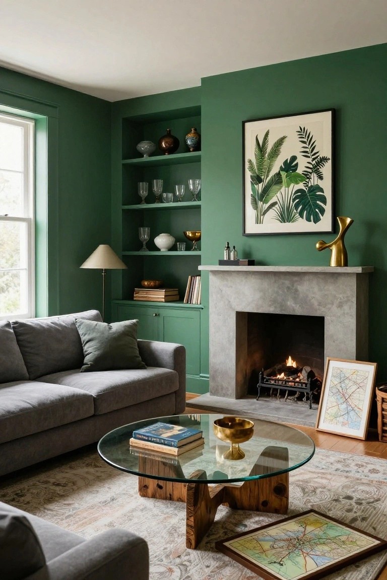 Living room featuring dark green walls and matching built-in shelving and cabinets beside a lit concrete fireplace, with a gray sofa, glass coffee table on a wood base, and various decorative objects.