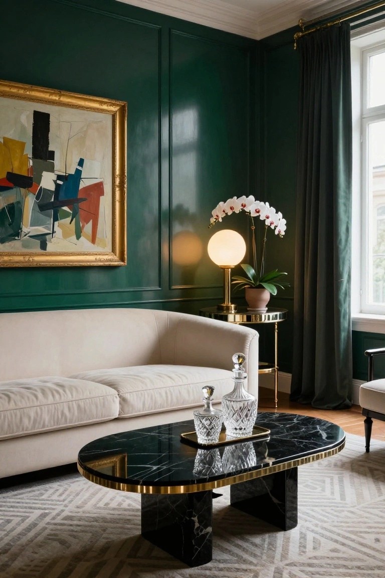 Living room with dark green paneled walls, cream curved sofa, black marble oval coffee table edged in gold holding glass decanters, gold side table with white lamp and orchid, large abstract painting in gold frame, and window with green drapes.