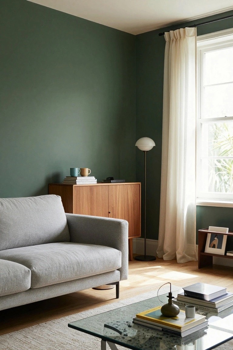 A living room with dark green walls, light gray L-shaped sofa, wooden credenza and shelf, glass coffee table with books, floor lamp, and sheer curtains over a large window.