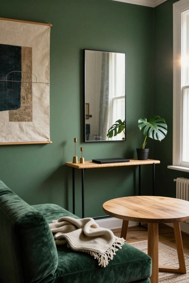 Corner of a living room with dark green walls, green velvet sofa draped with a cream throw, round wood coffee table, wood and rattan console table holding a black pot with monstera plant, rectangular mirror, gold candlesticks, and large abstract textile wall hanging near a window.