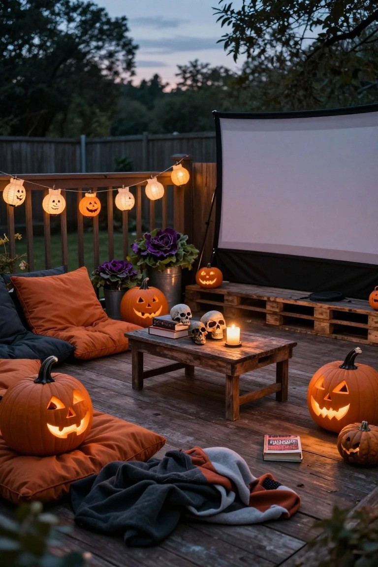 Wooden deck at dusk set up for outdoor movie viewing with freestanding projector screen, pallet benches topped with orange and gray cushions and pillows, multiple carved pumpkins, plastic skulls, metal bucket planters with purple kale, string lights with pumpkin faces hanging from railing, and a low wooden table with candle and books.