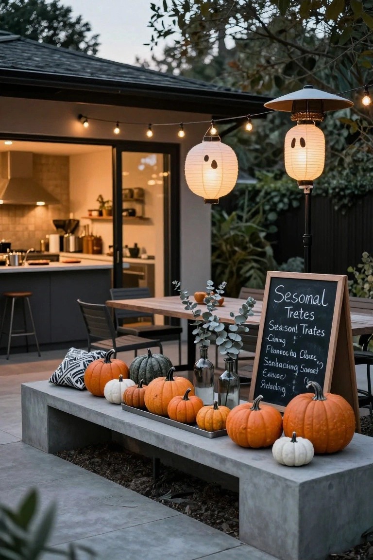 Outdoor patio at dusk featuring a concrete bench lined with assorted pumpkins, a wooden easel chalkboard sign reading "Seasonal Treats" with listed items, hanging ghost lanterns, string lights, and a modern kitchen visible through glass doors.