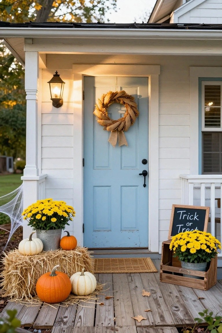 Front porch of a white clapboard house with a blue door, decorated for Halloween using stacked hay bales topped with orange and white pumpkins and yellow chrysanthemum plants in metal buckets, spider webs, a burlap and wheat wreath on the door, a lit lantern, a wooden crate with another mum pot, and a chalkboard sign reading "Trick or Treat".