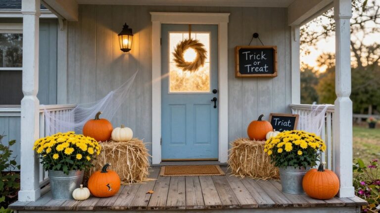 Front porch of a white clapboard house with a blue door, decorated for Halloween using stacked hay bales topped with orange and white pumpkins and yellow chrysanthemum plants in metal buckets, spider webs, a burlap and wheat wreath on the door, a lit lantern, a wooden crate with another mum pot, and a chalkboard sign reading "Trick or Treat".