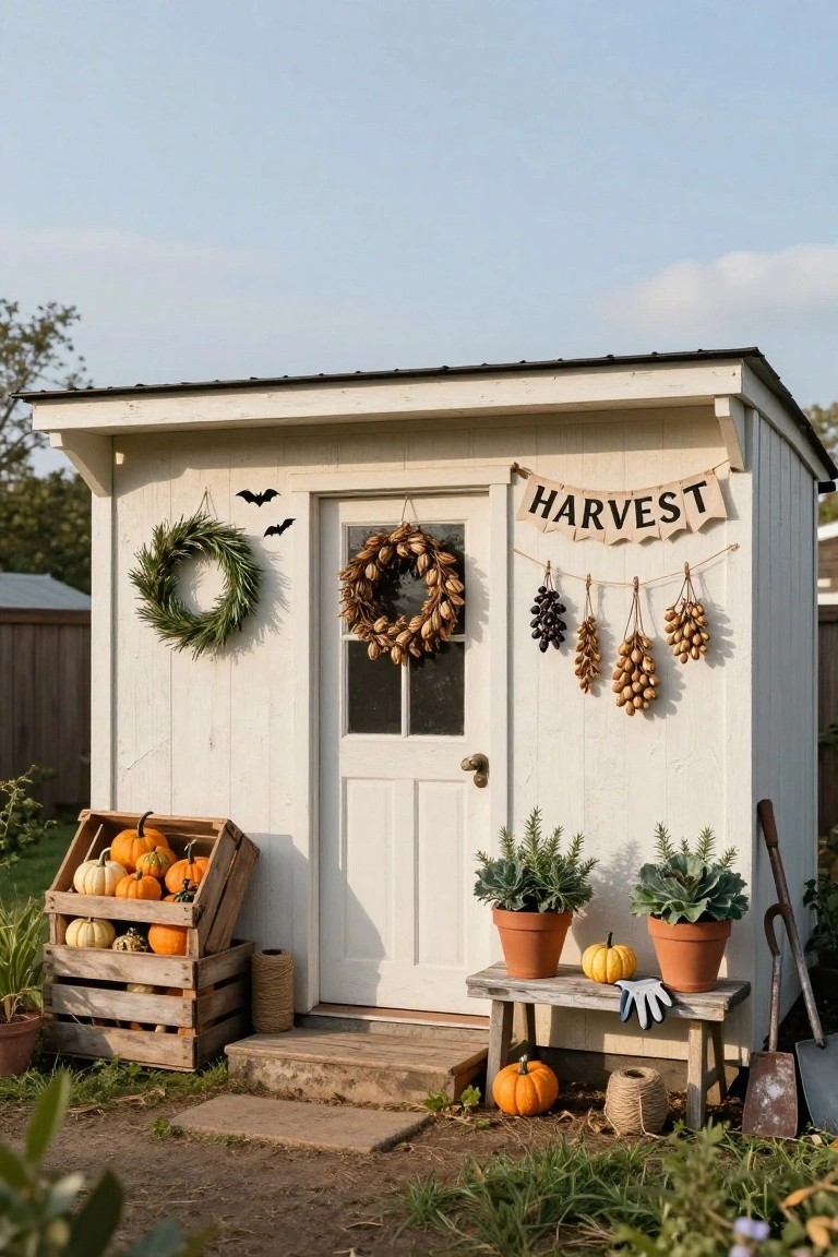 White wooden garden shed with "HARVEST" burlap banner, green and wheat wreaths, hanging dried grapes and nuts, black bat silhouettes, orange pumpkins in a wooden crate, potted plants, bench with small pumpkin and white glove, and gardening tools nearby.