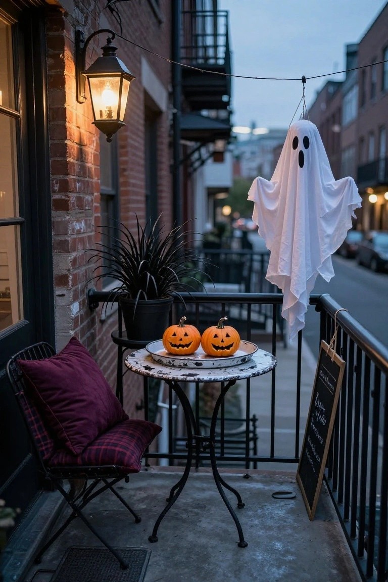 A narrow urban balcony at dusk with a small round table holding two jack-o-lantern pumpkins on a white plate, a purple plaid cushion on a black metal chair, a hanging white ghost decoration from the railing, a lit lantern on the wall, a potted spiky black plant, and a chalkboard sign.
