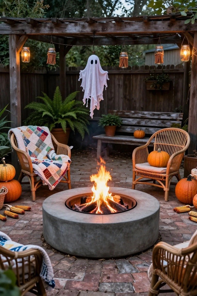 Backyard patio under a wooden pergola with a central round concrete fire pit burning wood, surrounded by rattan chairs with pumpkins and quilts, cornstalks, potted plants, a hanging white ghost, and mason jar lanterns with cinnamon sticks.