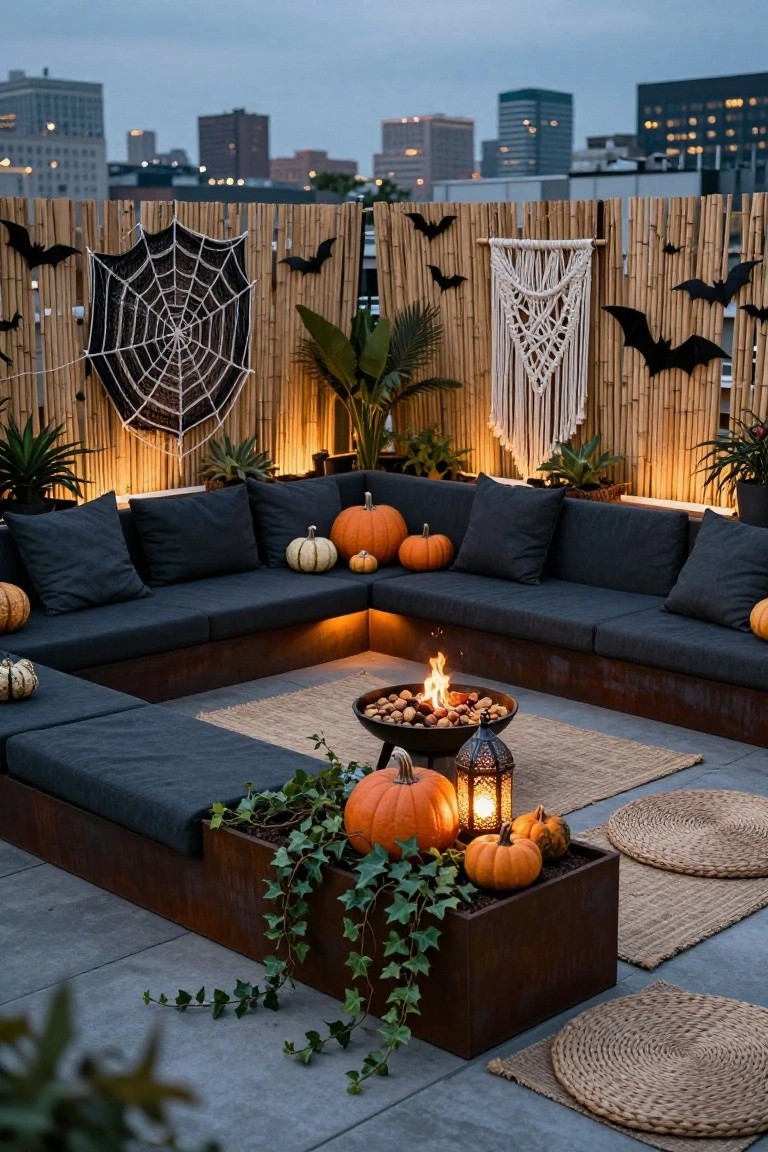 Rooftop terrace at dusk with L-shaped black outdoor sectional sofa around a central metal fire bowl containing flames and nuts, surrounded by pumpkins, ivy in a box planter, lanterns, Halloween spider webs and bat cutouts on bamboo privacy fencing, potted plants, woven rugs, and city skyline behind.