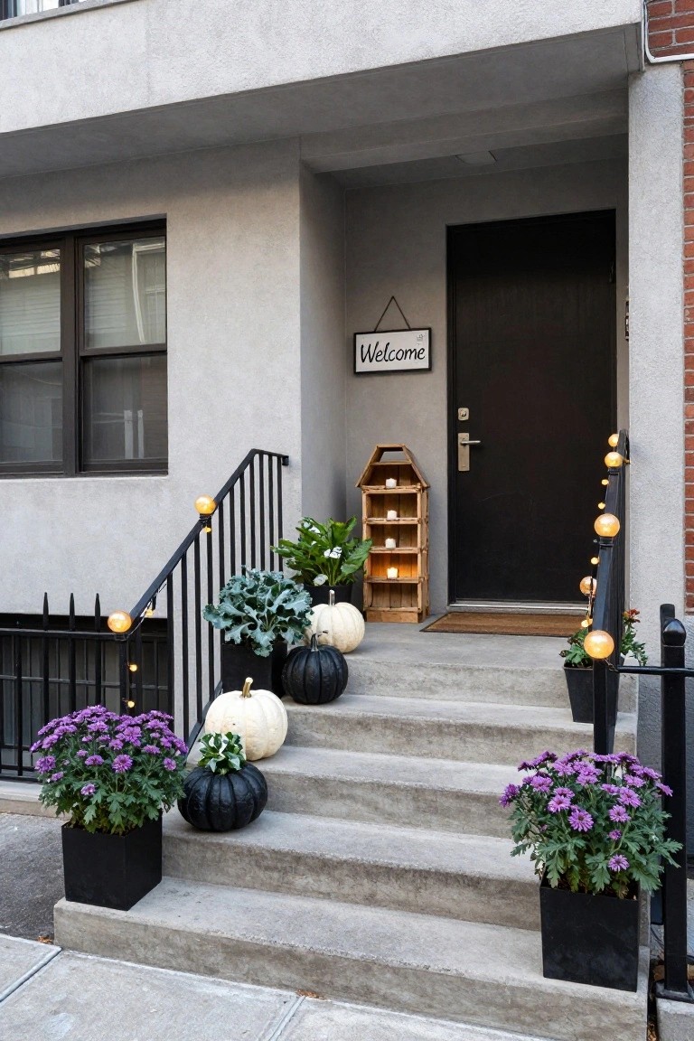Gray townhouse front stoop with concrete steps holding white and black pumpkins, purple flowers in black pots, string lights on black metal railing, wooden shelf with candles beside black door, and Welcome sign.
