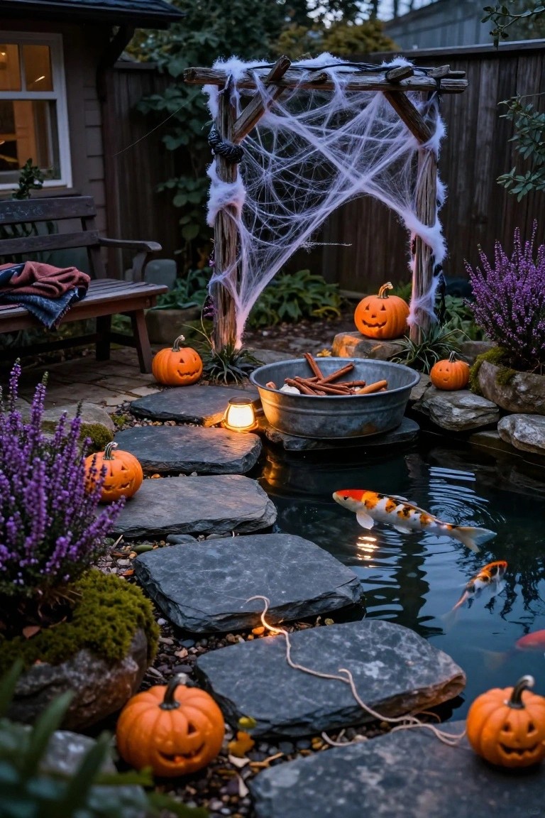 Backyard koi pond surrounded by stepping stones, carved pumpkins, lavender plants, spider webs on a wooden arch, a metal bucket with cinnamon sticks, and string lights at dusk.