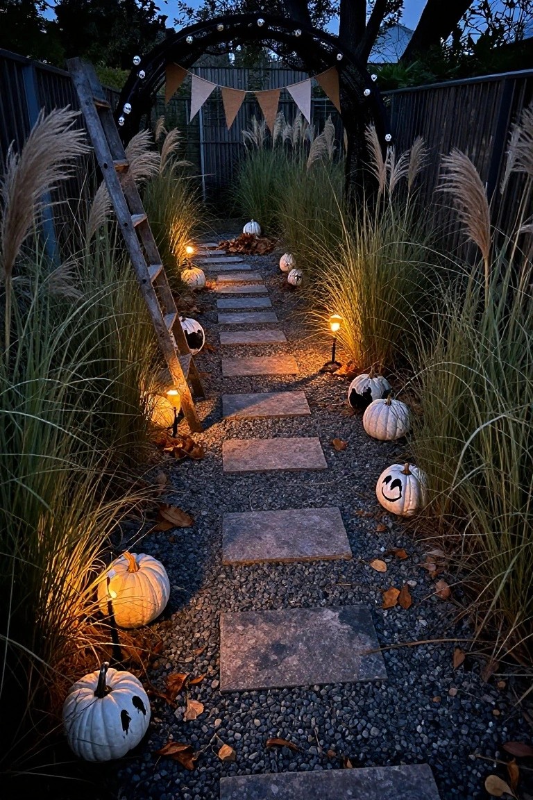 Stone pathway at dusk bordered by tall pampas grass, lined with white pumpkins painted with black ghost faces and lit by small lanterns, under a black metal arch with string lights and bunting.