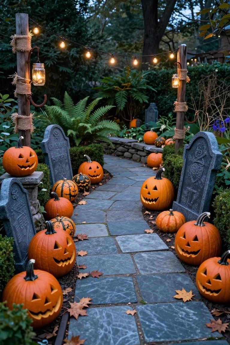 Spooky Halloween path lined with glowing jack-o'-lanterns and old gravestones.