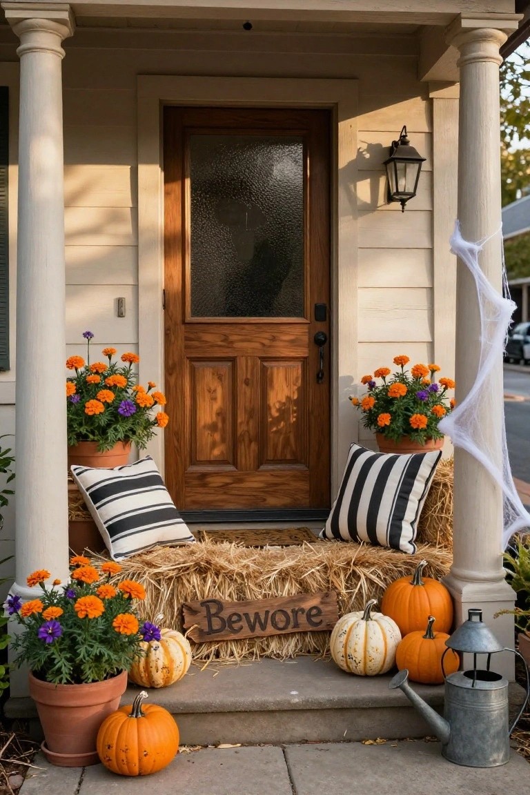 Front porch with wooden door flanked by columns, decorated with stacked hay bales holding pillows and a "Beware" sign, surrounded by pumpkins, potted flowers, cobwebs, and a watering can on the steps.