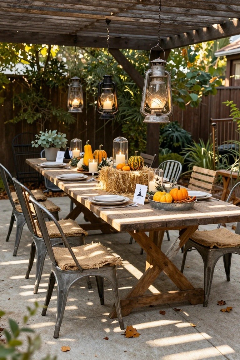 Wooden dining table on a concrete patio under a wooden pergola strung with hanging metal lanterns, set with white plates, hay bale centerpiece piled with pumpkins and candles, and surrounded by metal chairs with burlap cushions.