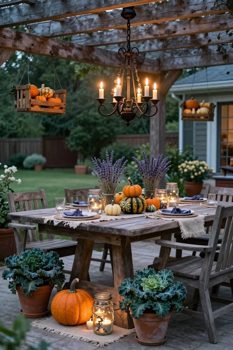 Wooden dining table on a patio under a pergola, set with blue napkins, white plates, small pumpkins, lavender, candles in jars, and larger pumpkins nearby, with potted kale plants and hanging lanterns.