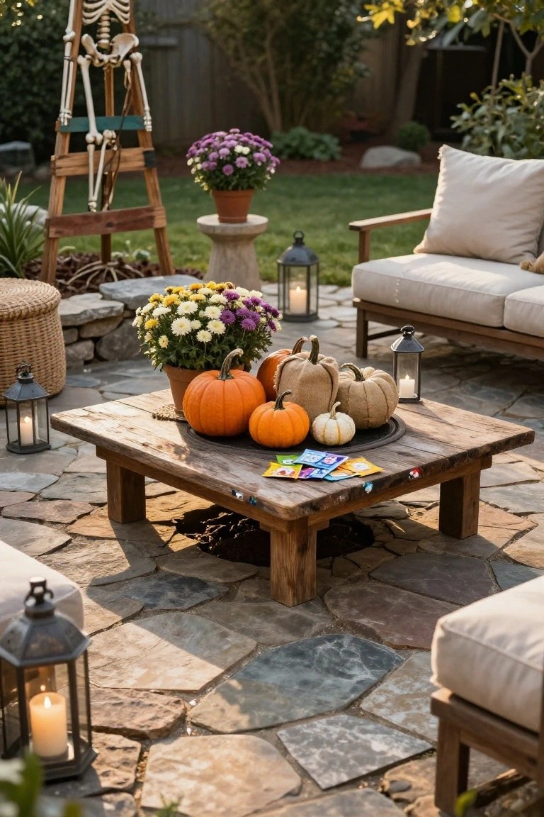 Rustic low wooden table on a stone patio displaying orange pumpkins, white pumpkins, fabric pumpkins, lit lanterns, and colorful trading cards, surrounded by beige outdoor sofas, potted mums, a wicker basket, and a wooden skeleton decoration.