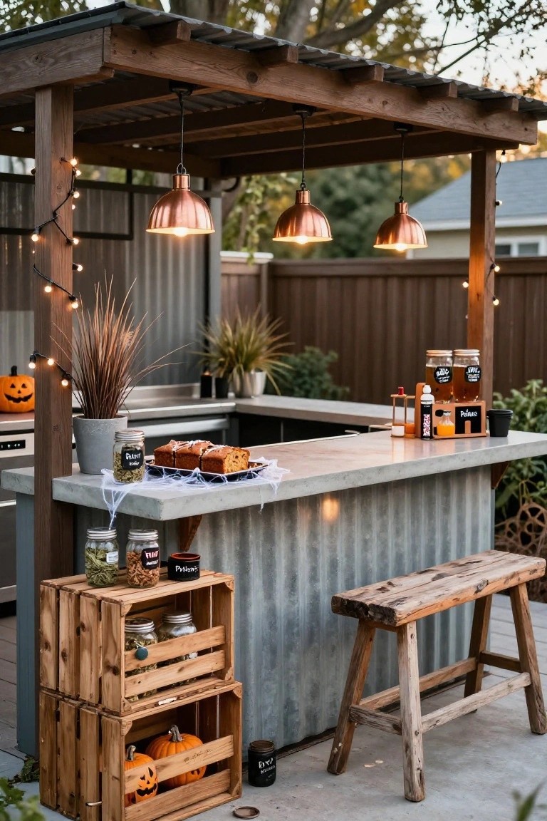 Outdoor pergola covering a concrete bar counter with Halloween decorations including pumpkins in wooden crates, banana bread on a plate, jars of drinks, string lights, copper pendant lights, and a wooden stool.