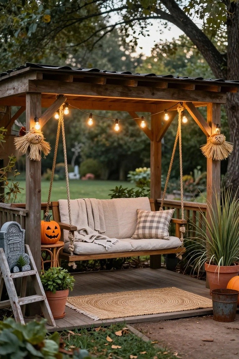 Wooden pergola structure on a deck with a hanging porch swing cushioned in gray fabric and plaid pillows, accented by string lights, a carved pumpkin, small tombstone props, plants in pots, and surrounding grass and trees.